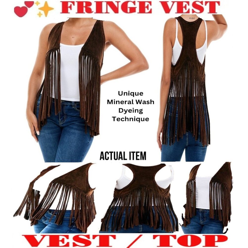 🛑 BULLY Dangling➕ FRINGE 🆒 VEST Mineral Wash TOP Boho Western JACKET💸BUYNOW‼️